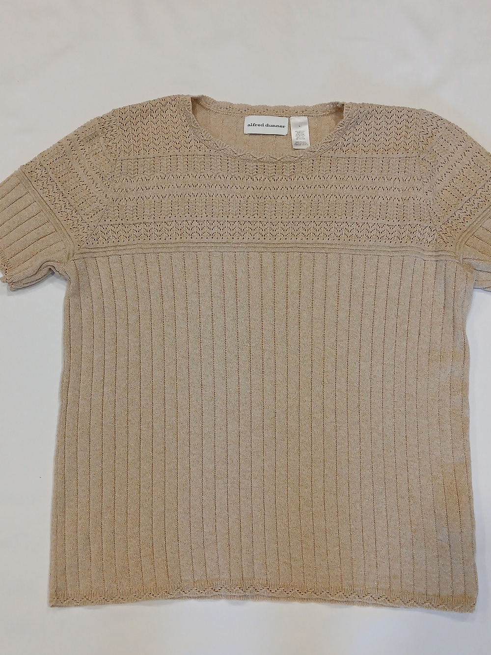 Vtg Alfred Dunner L Beige Shimmer Sweater Knit Cable Ribbed Crochet Short Sleeve